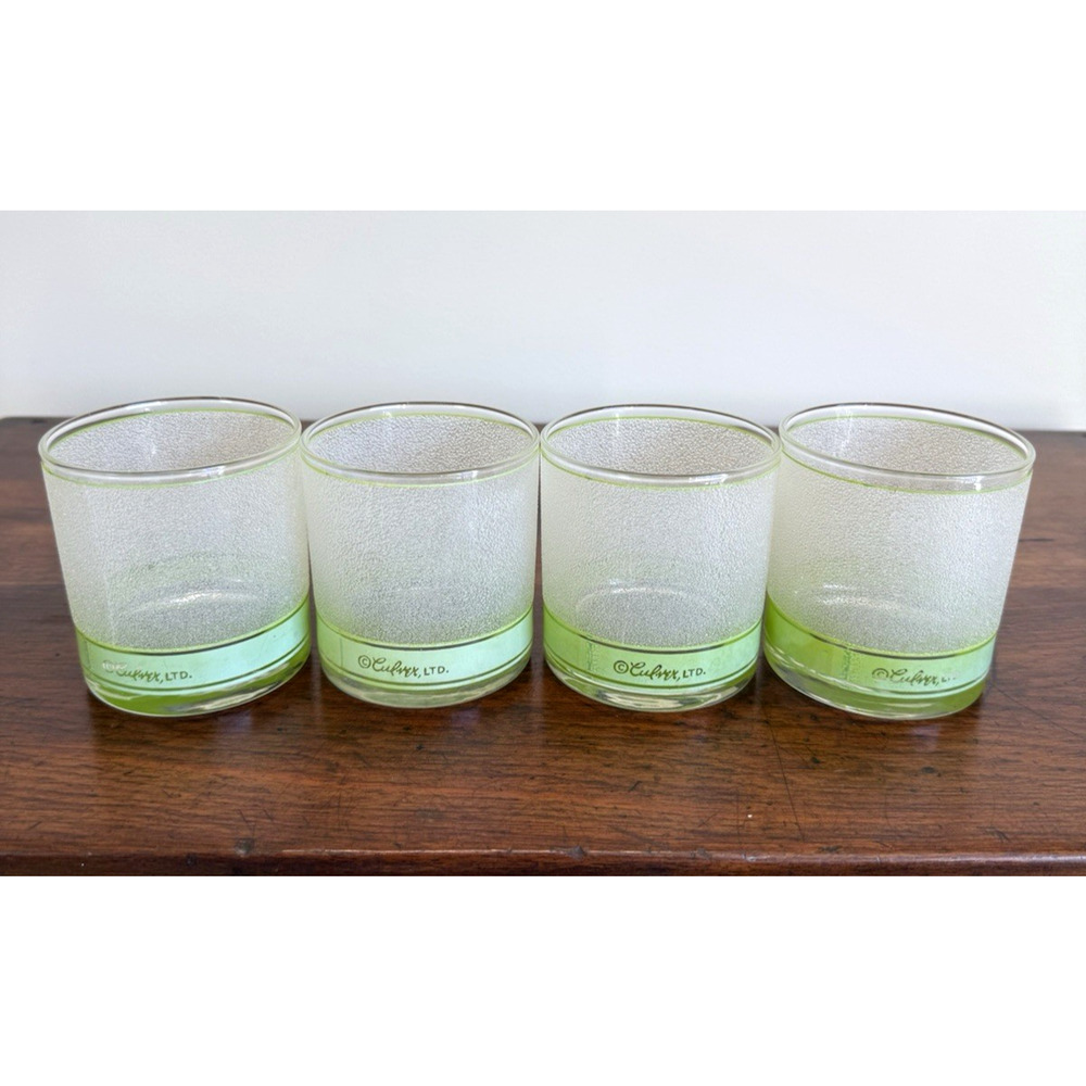 Vintage Culver Ltd Frosted Rocks Glasses Green Band Textured Lowball Set of 4